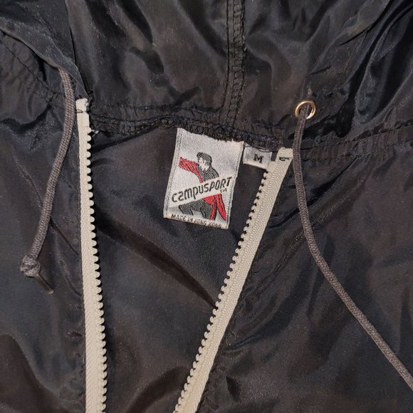 Vintage Campusport Unisex Medium Pullover Hooded Windbreaker Black Grey Nylon - Picture 4 of 5